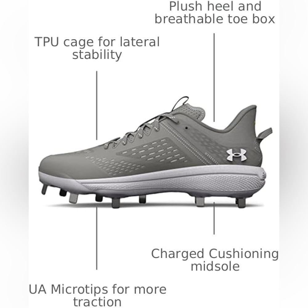 NEW Under Armour Men Yard Low MT Charged Baseball Cleats Gray W Metal Spikes 14 - Picture 3 of 11
